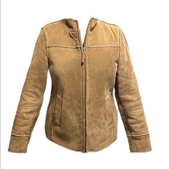 Y2K Gap Sheerling Women’s Tan Leather Coat with Pockets. Fleece lined Size M - Picture 1 of 11